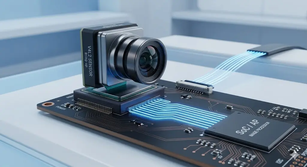 AI로 생성한 미래형 카메라 센서와 SoC 간의 MIPI 데이터 전송 개념도